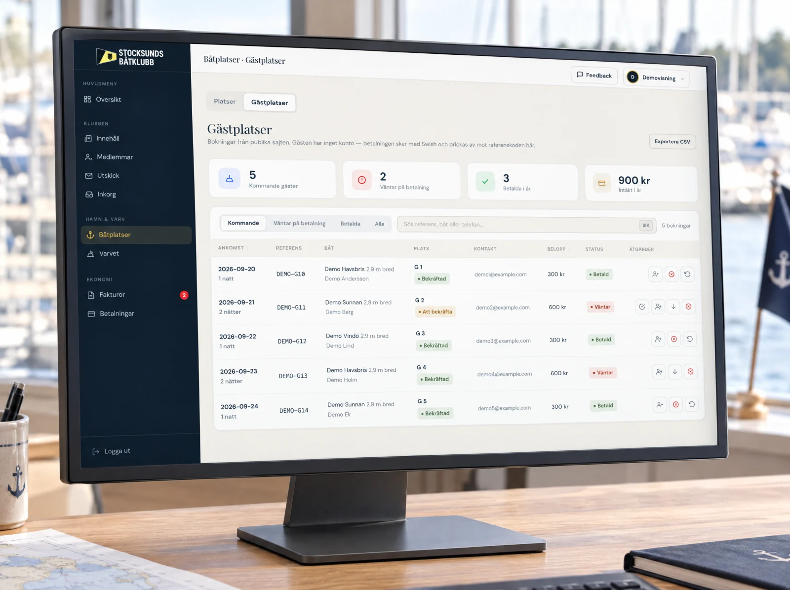 Actual guest berth bookings interface, with fictional demo data