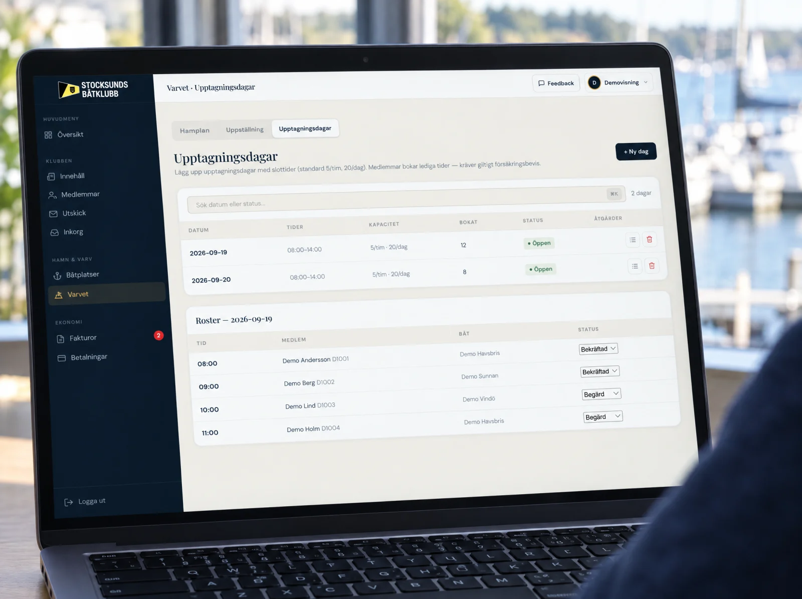 Actual haul-out scheduling interface, with fictional demo data