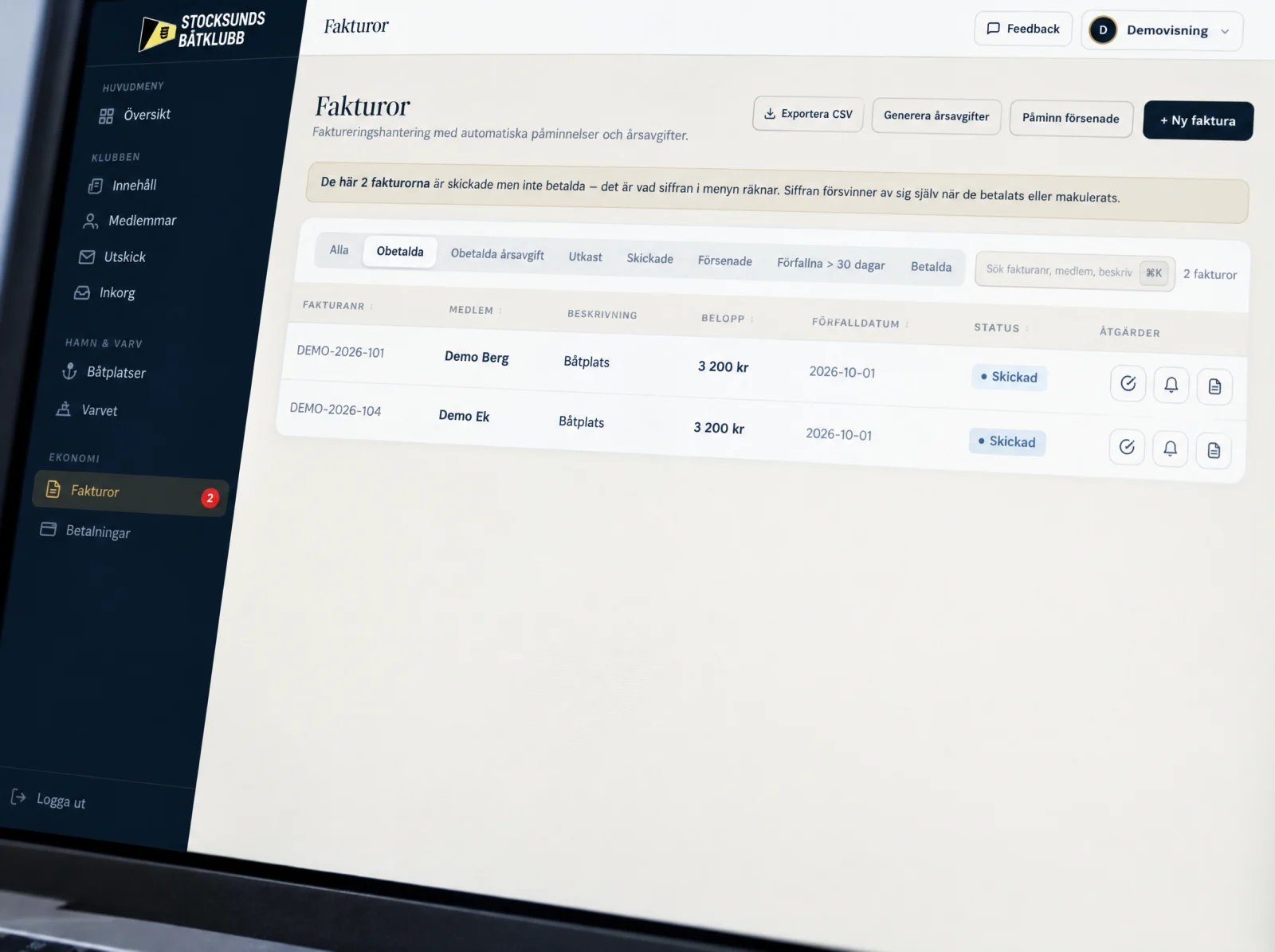 Actual invoices & payments interface, with fictional demo data