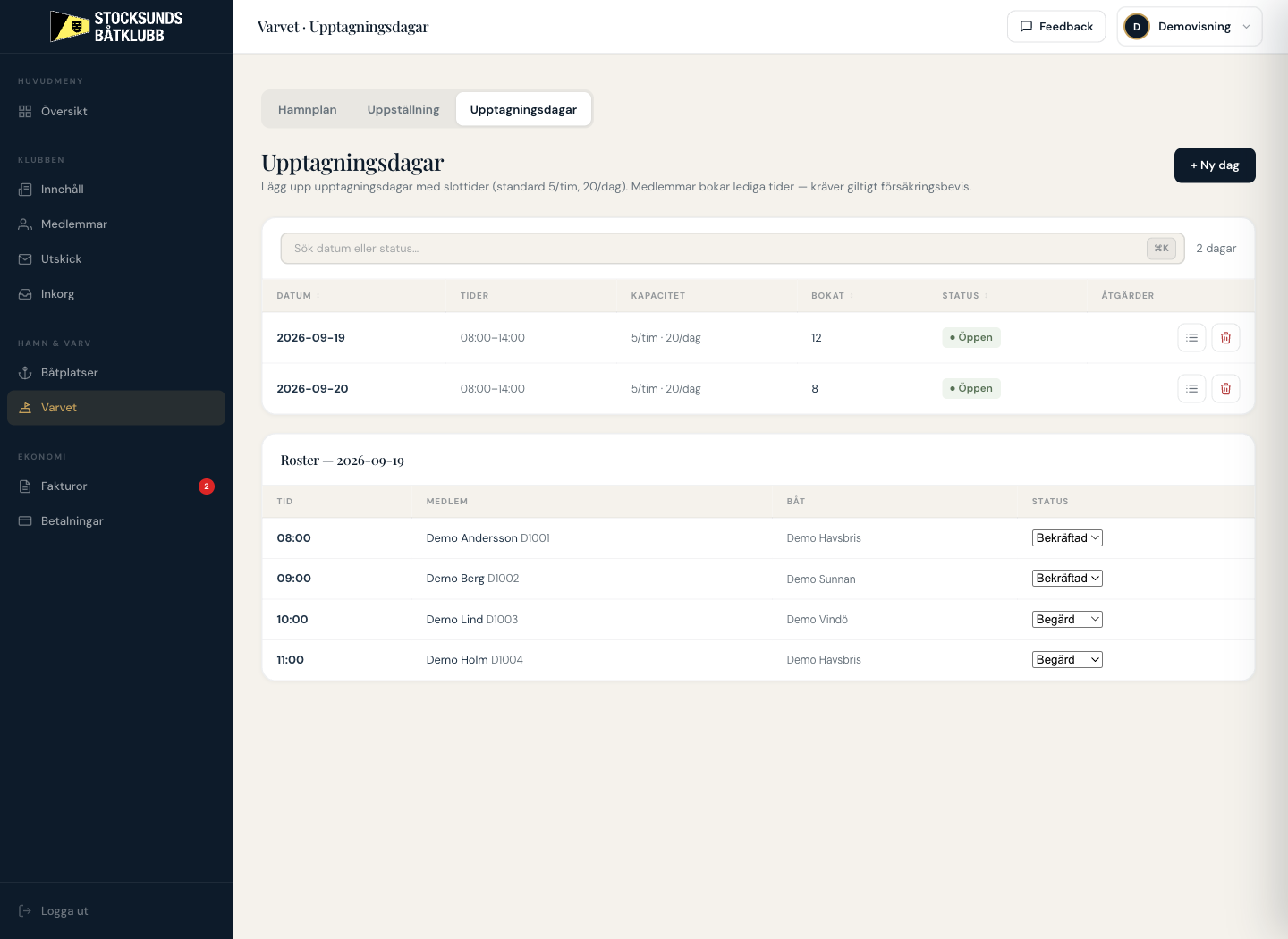 Haul-out scheduling in the actual administration interface, using demo data