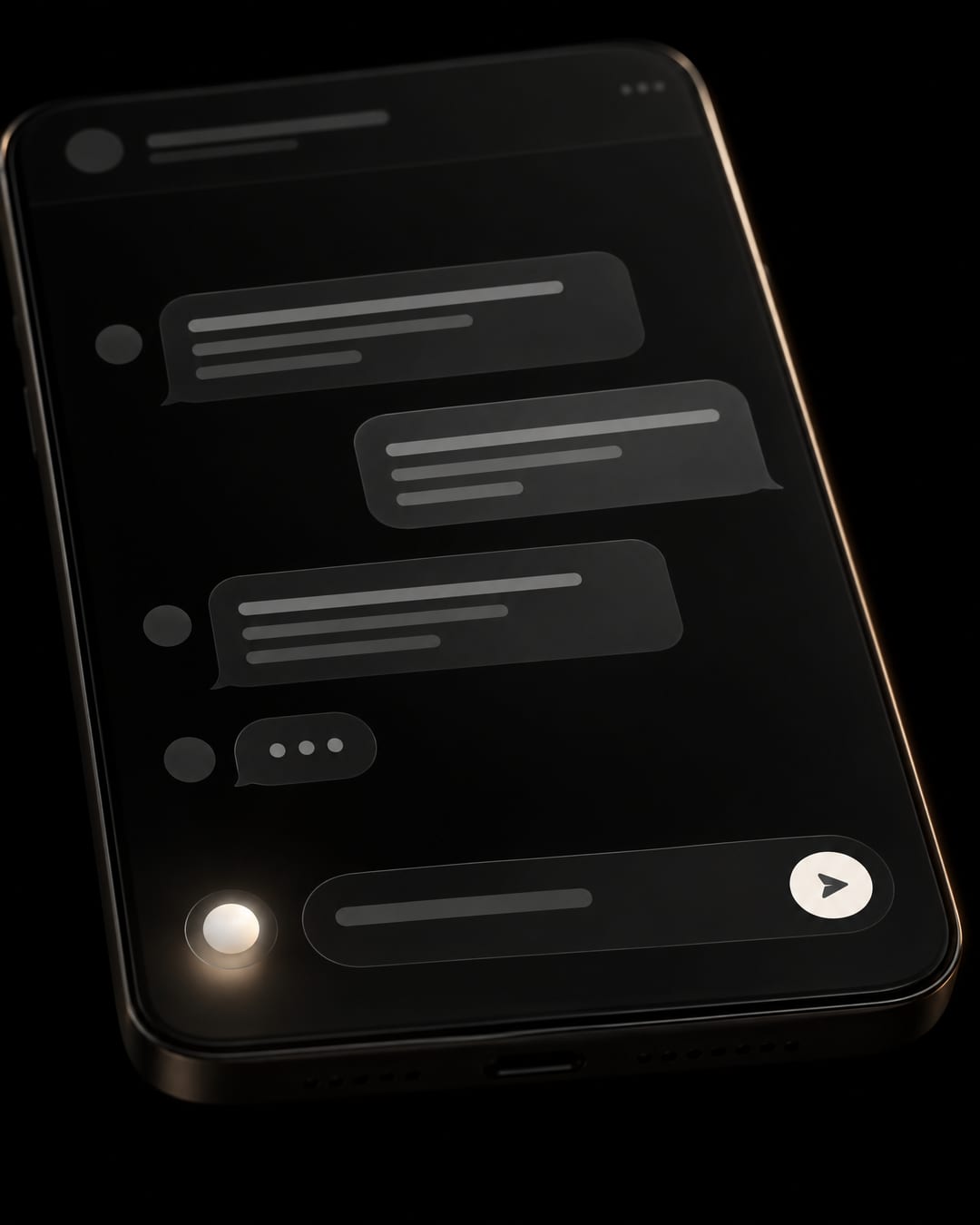 Chat bubbles, a typing indicator and a glowing orb beside the composer.
