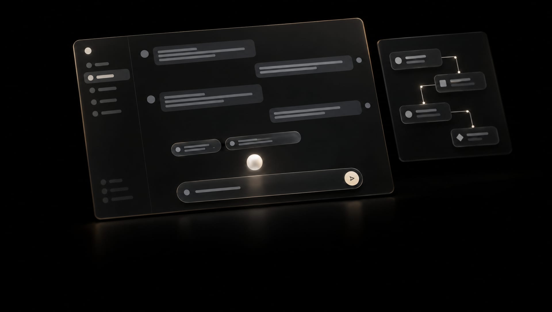 An assistant chat interface with a composer, suggestion chips and a pipeline diagram.