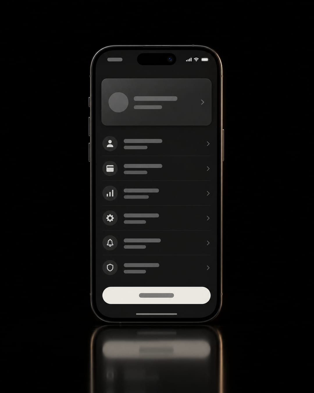 One phone standing on black with a dark-mode app screen.