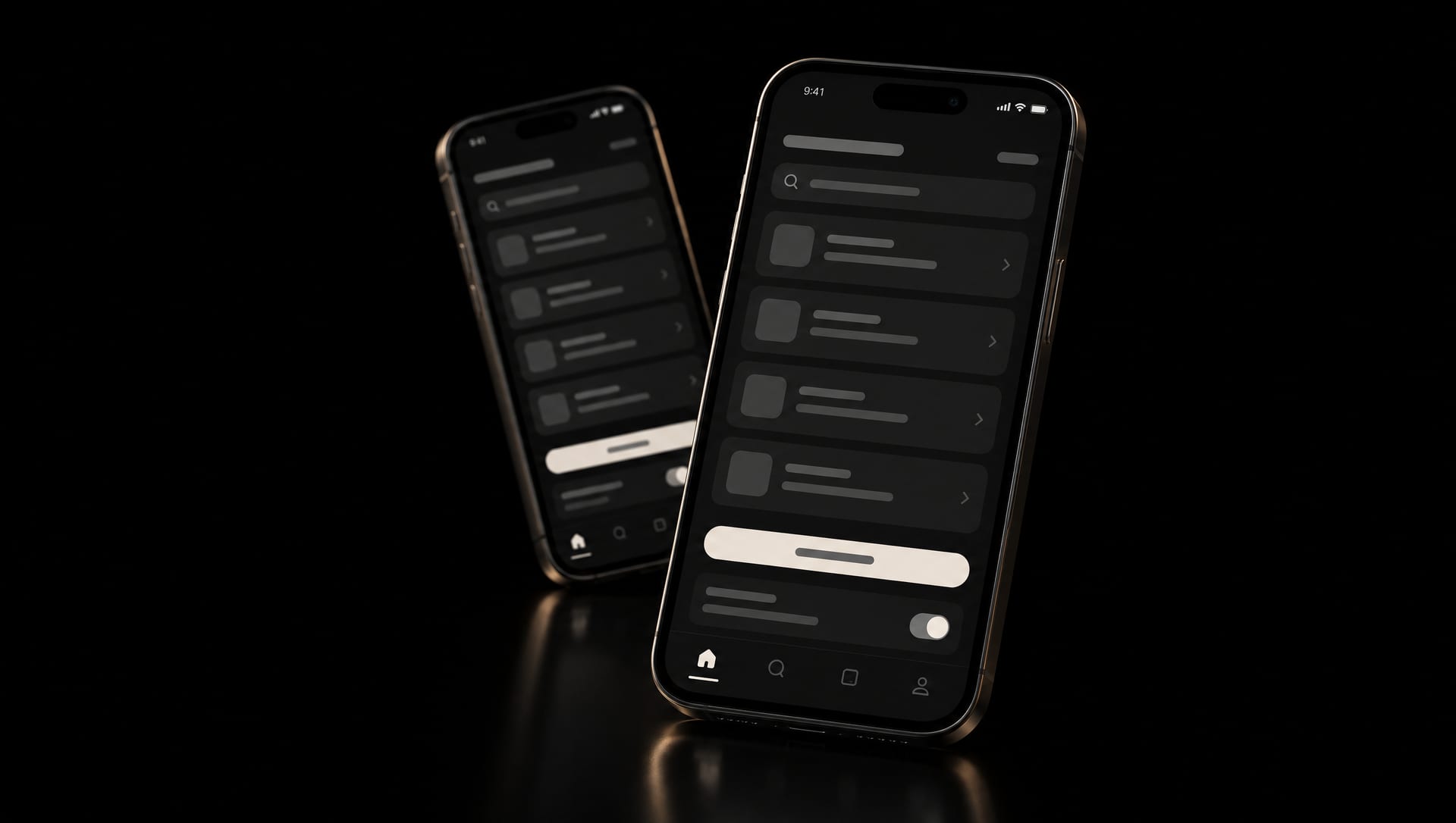 Two phones floating on black, both showing a dark-mode app.