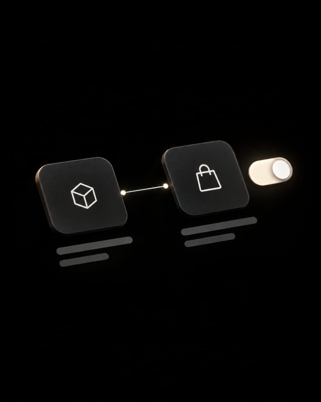 Two tiles joined by a line carrying dots, a toggle switched on.
