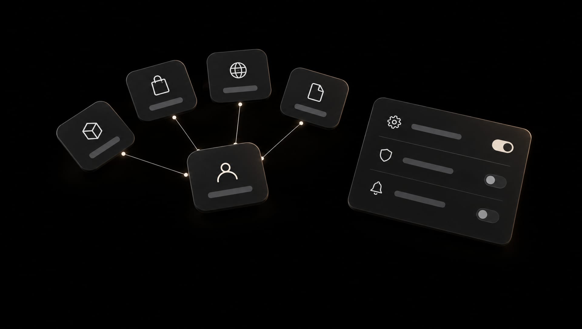 Five system tiles joined to a central tile by lines carrying dots, beside a settings list.