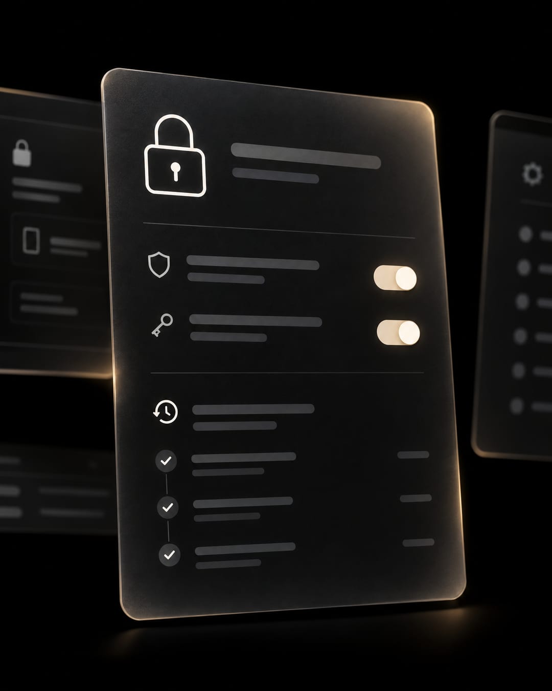 A glass card with a padlock glyph and toggles switched on.