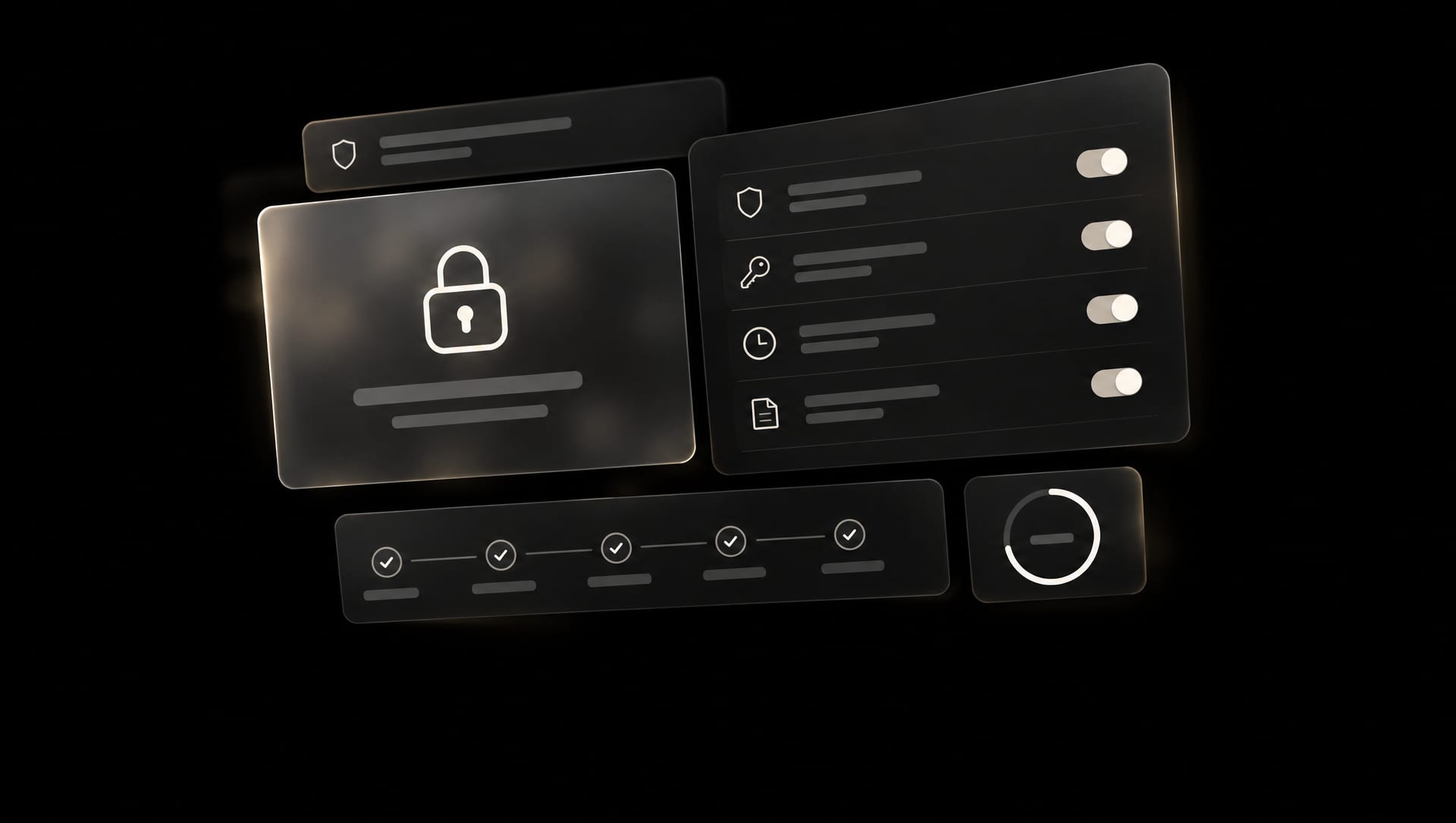 A security settings screen with a padlock card, toggles and a backup timeline.