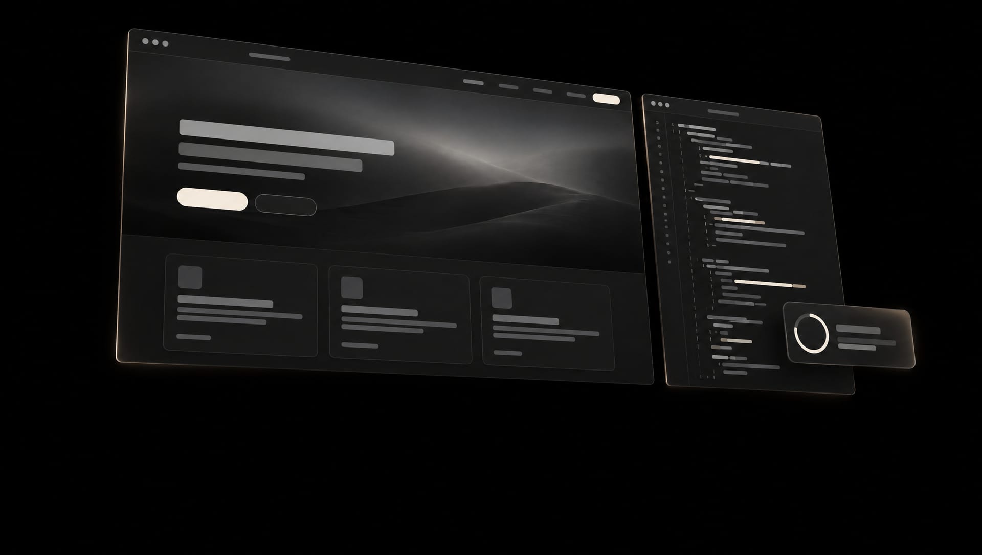 A dark-mode website layout floating in perspective beside a code editor panel.