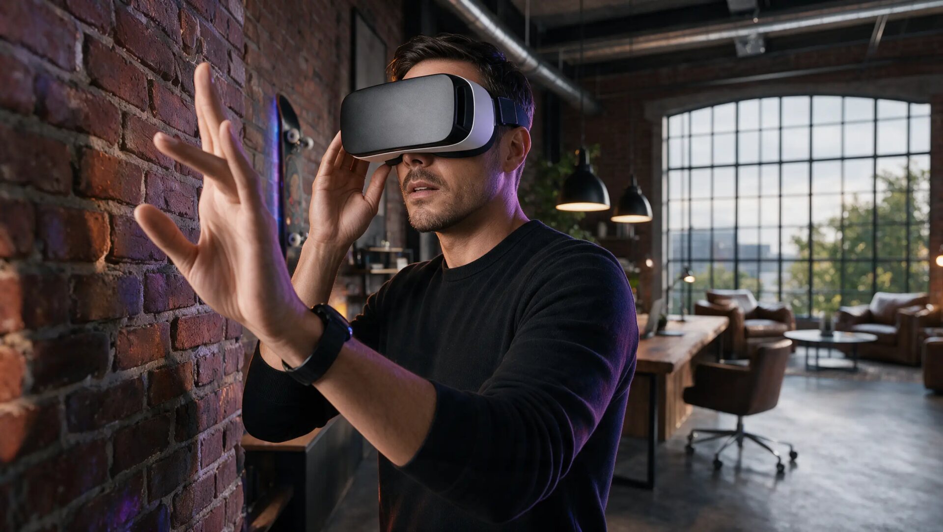 A designer in a VR headset reaching out with one hand, in a brick loft studio with tall arched windows.